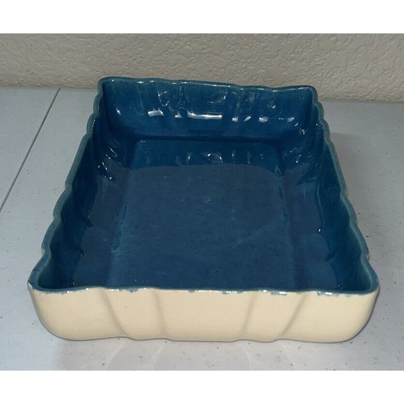 Los Angeles Potteries Rectangle Ceramic Serving Dish Turquoise/Cream #300 - Picture 4 of 12